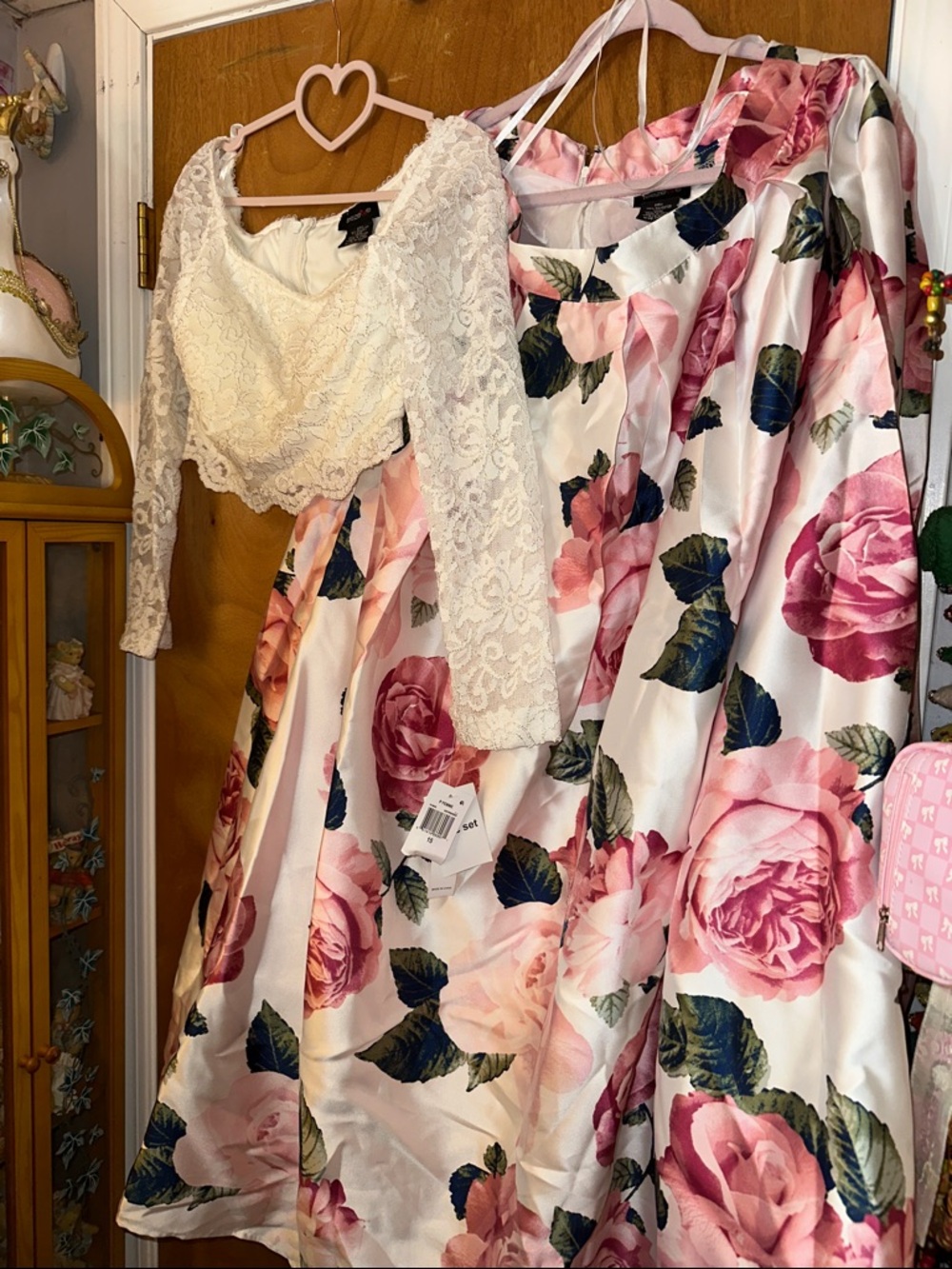 Teeze Me White Floral Pink Rose Two-Piece Skirt Set